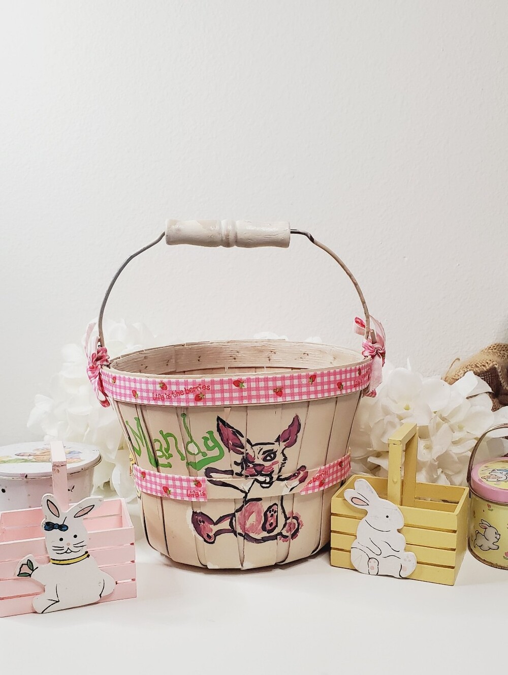 VTG 1980s Childrens Easter Basket Lot Metal Tins Wood Box Bunny Decor